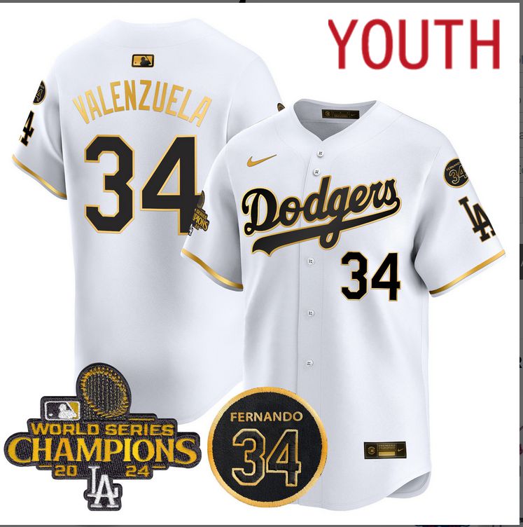 Youth MLB Los Angeles Dodgers #34 Valenzuela white 2024 World Series Champions Patch Limited Jersey style 3->youth mlb jersey->Youth Jersey